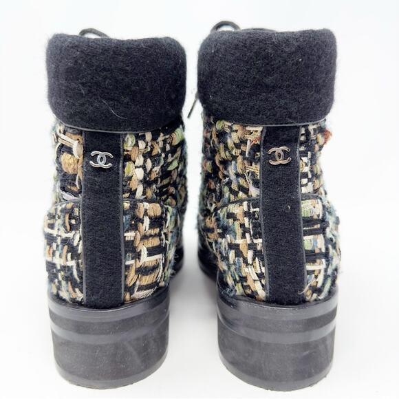 Chanel Tweed Lace Up Combat Ankle Boots 40 - Picture 4 of 13